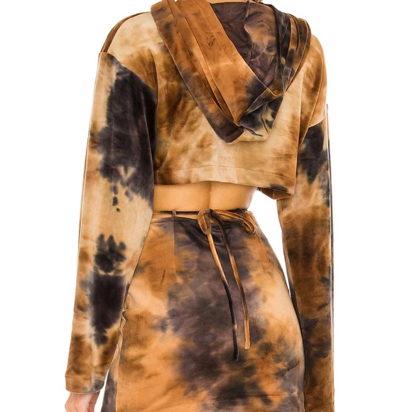 Kim shui velour chocolate brown tie dye crop top hoodie and skirt sz small - Picture 3 of 3